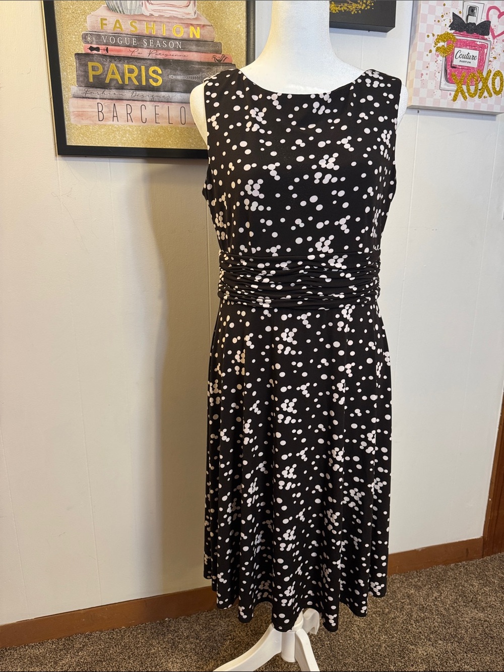 Jessica Howard Black Midi Dress with White Dot Print and Ruched Waist
